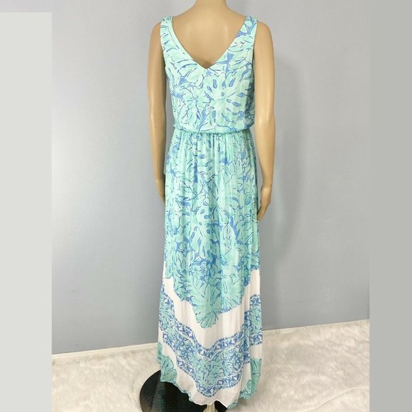 NWOT Vineyard Vines Silk Palm Leaf Scarf Print Maxi Dress Capri Blue Lined - Picture 4 of 7